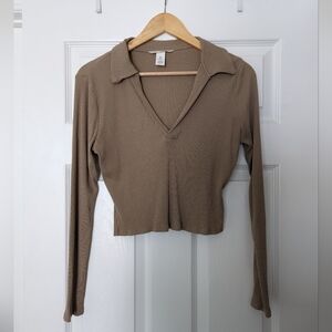 H&M Brown Ribbed Cropped Shirt